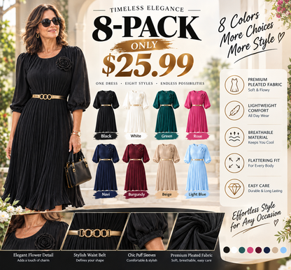 Women's 3/4 Sleeve Pleated Midi Dress with Belt