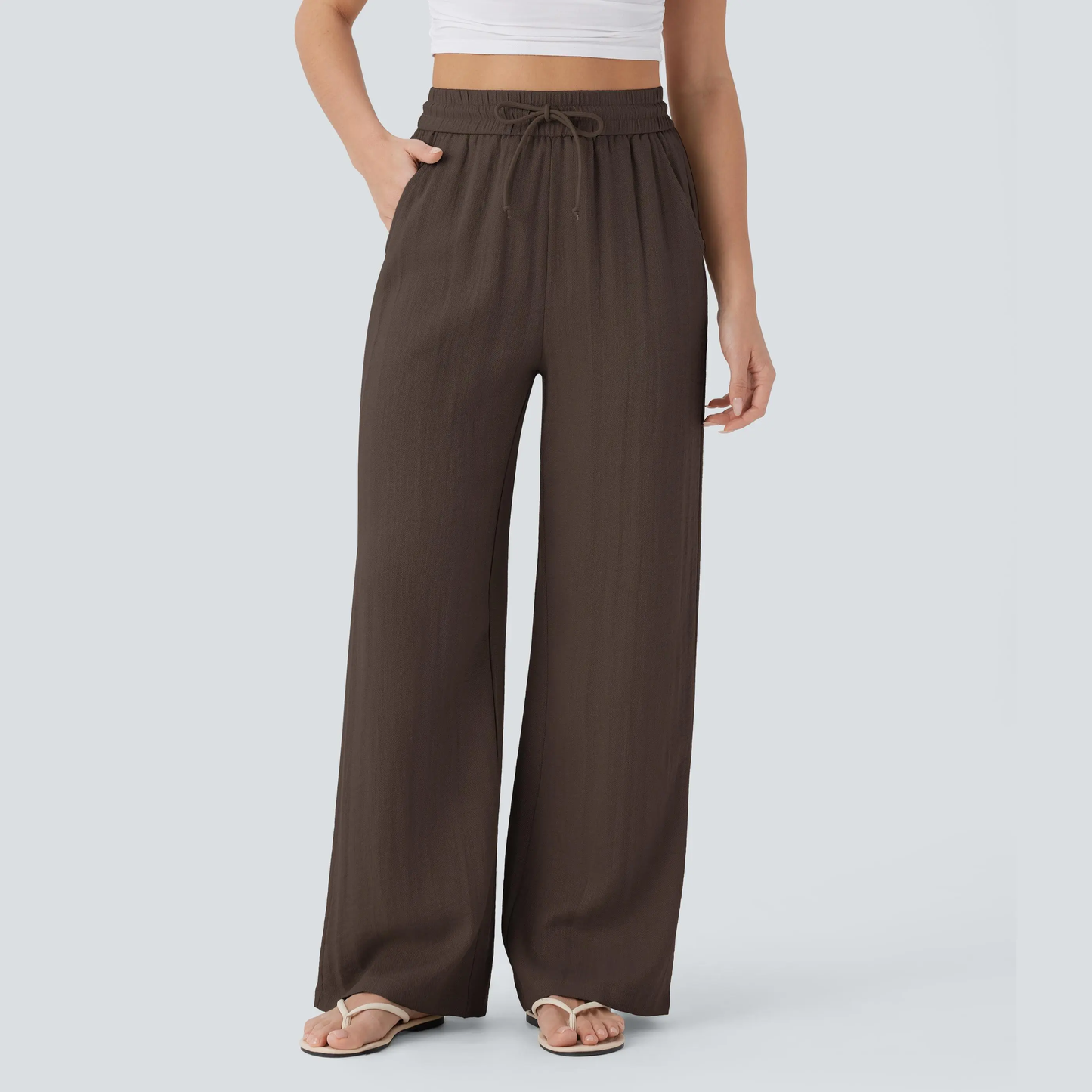 High-Waisted Drawstring Wide-Leg Linen-Feel Pants with Pockets