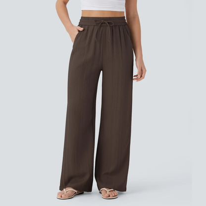 High-Waisted Drawstring Wide-Leg Linen-Feel Pants with Pockets