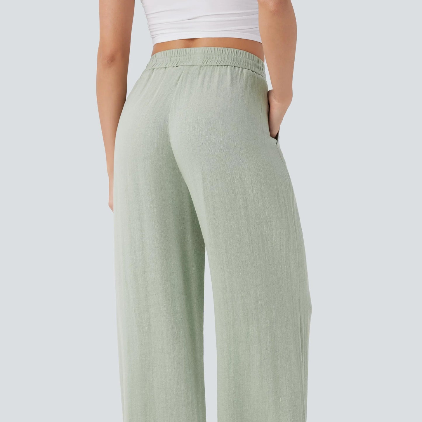 High-Waisted Drawstring Wide-Leg Linen-Feel Pants with Pockets