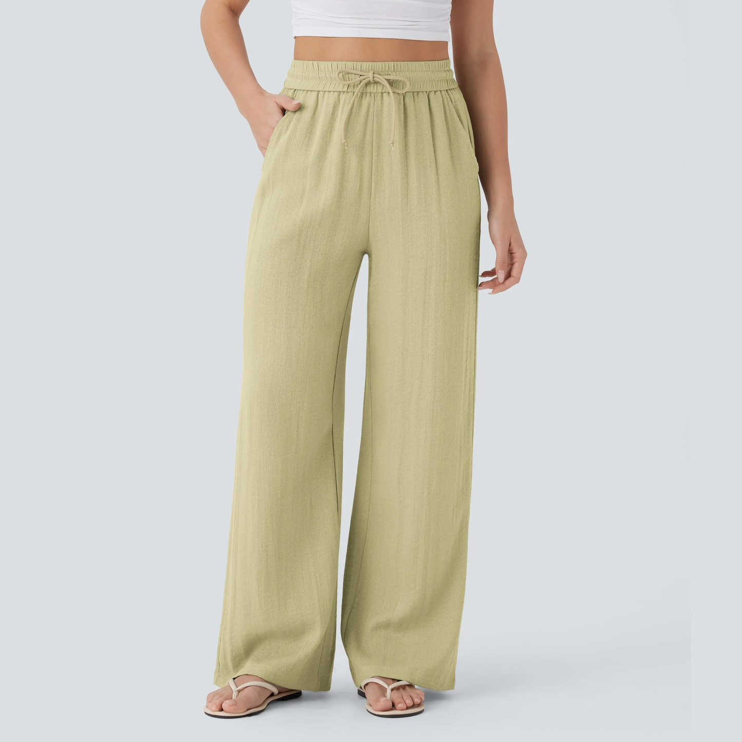 High-Waisted Drawstring Wide-Leg Linen-Feel Pants with Pockets