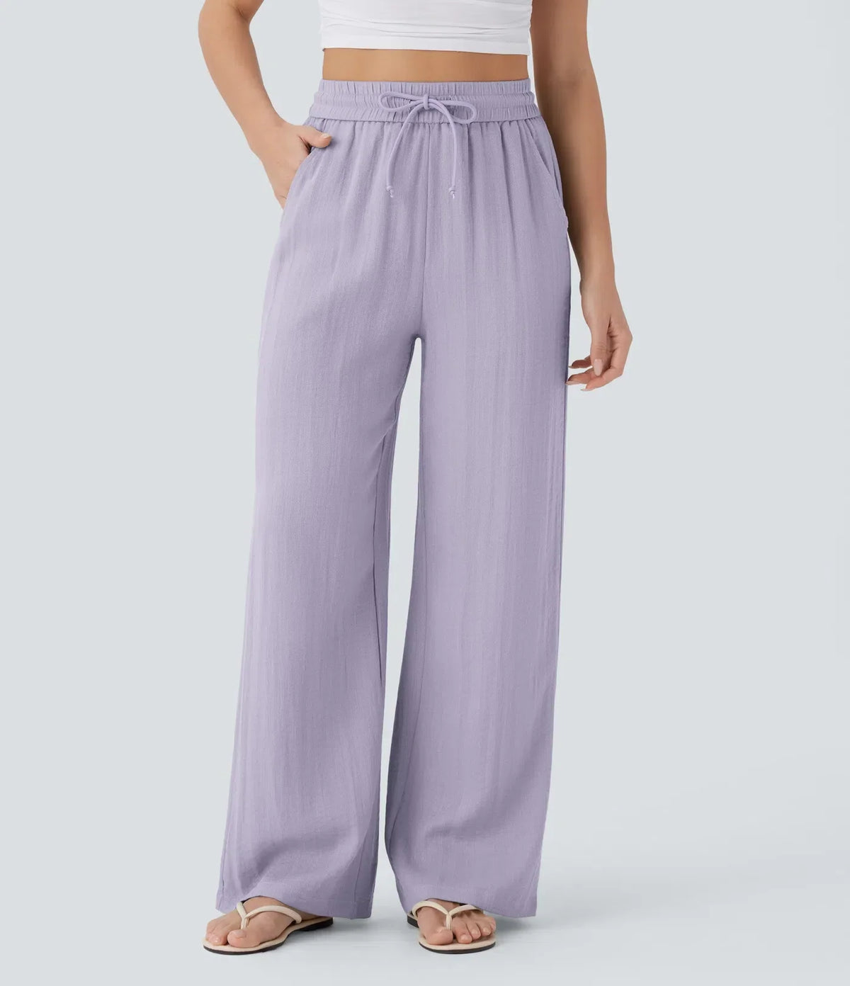 ⏰Clearance Sale⚡High Waisted Drawstring Pocket Wide Leg Casual Linen-Feel Pants
