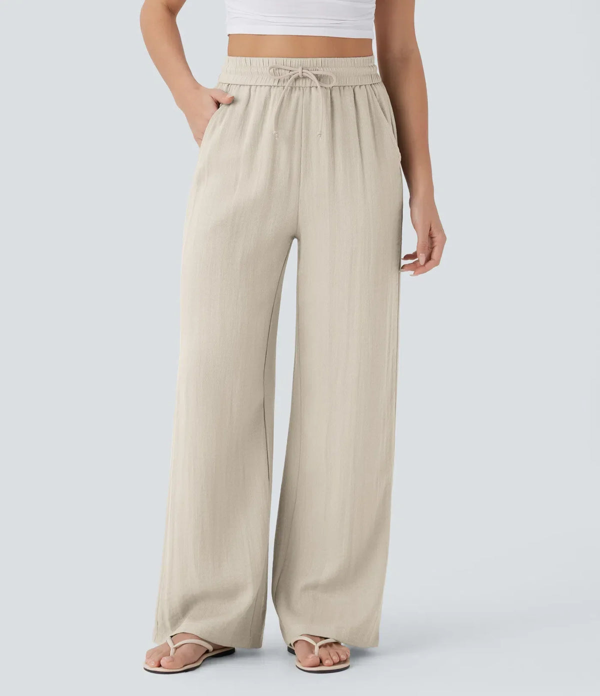 ⏰Clearance Sale⚡High Waisted Drawstring Pocket Wide Leg Casual Linen-Feel Pants