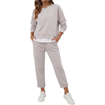 Women's 2 Piece Set Fake Layering   Crewneck Fleece Long
