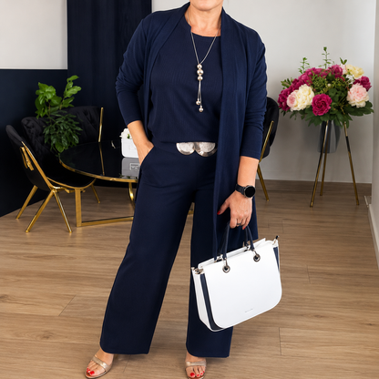 Elegant 3-piece set including long cardigan, top and pants