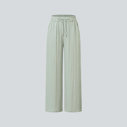 High-Waisted Drawstring Wide-Leg Linen-Feel Pants with Pockets