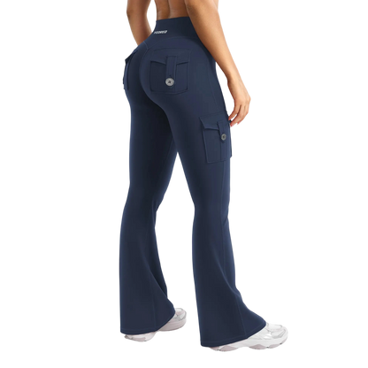 Women's Workout Flare Leggings with Pockets Hidden Scrunch High Waisted Cargo Gym Yoga