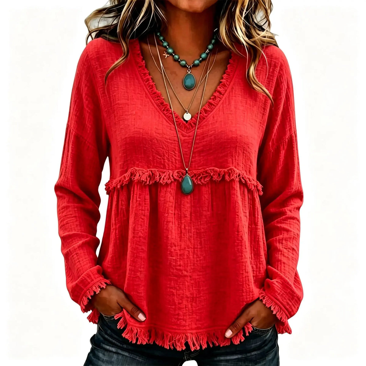 Women's Boho V Neck Long Sleeve Fringe Top Plus Size