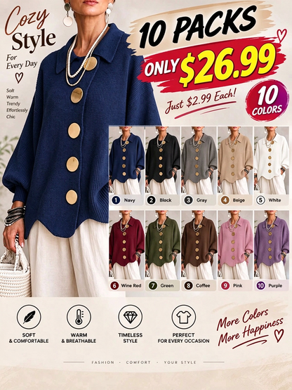 🔥 LAST DAY  ⏰ Women's Oversized Collared Knit Cardigan – Soft Cozy Fit With Elegant Metal Buttons