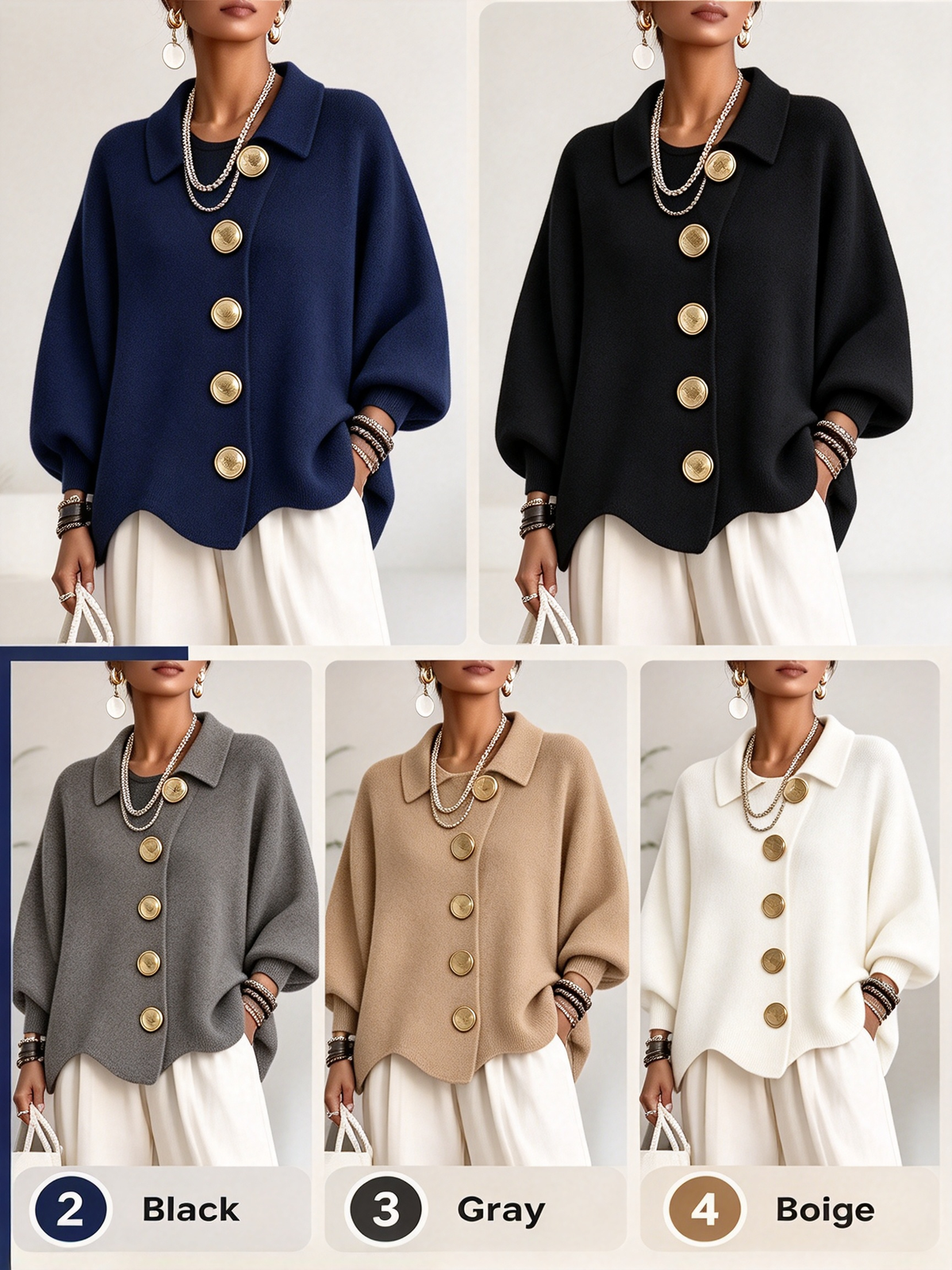🔥 LAST DAY  ⏰ Women's Oversized Collared Knit Cardigan – Soft Cozy Fit With Elegant Metal Buttons