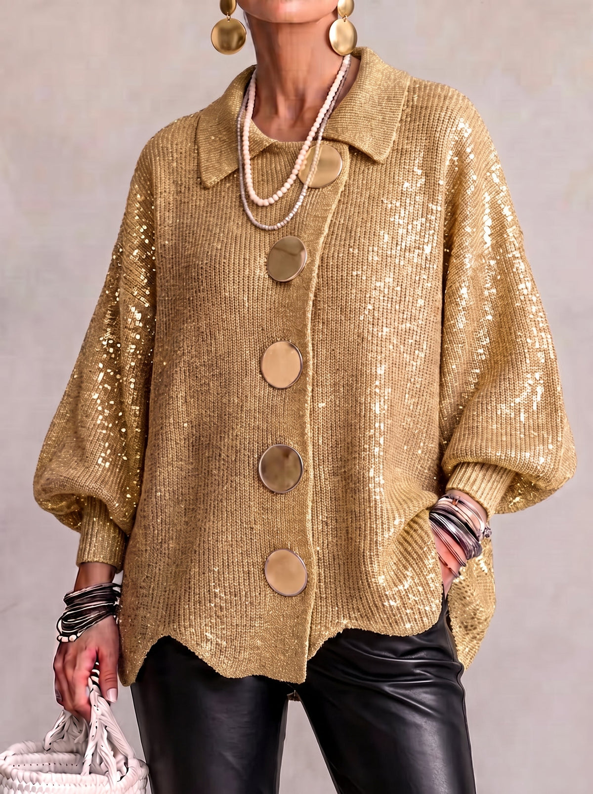🔥 LAST DAY  ⏰ Women's Oversized Collared Knit Cardigan – Soft Cozy Fit With Elegant Metal Buttons