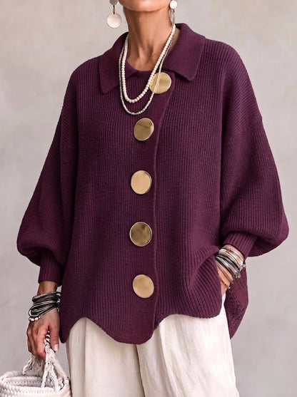 🔥 LAST DAY  ⏰ Women's Oversized Collared Knit Cardigan – Soft Cozy Fit With Elegant Metal Buttons